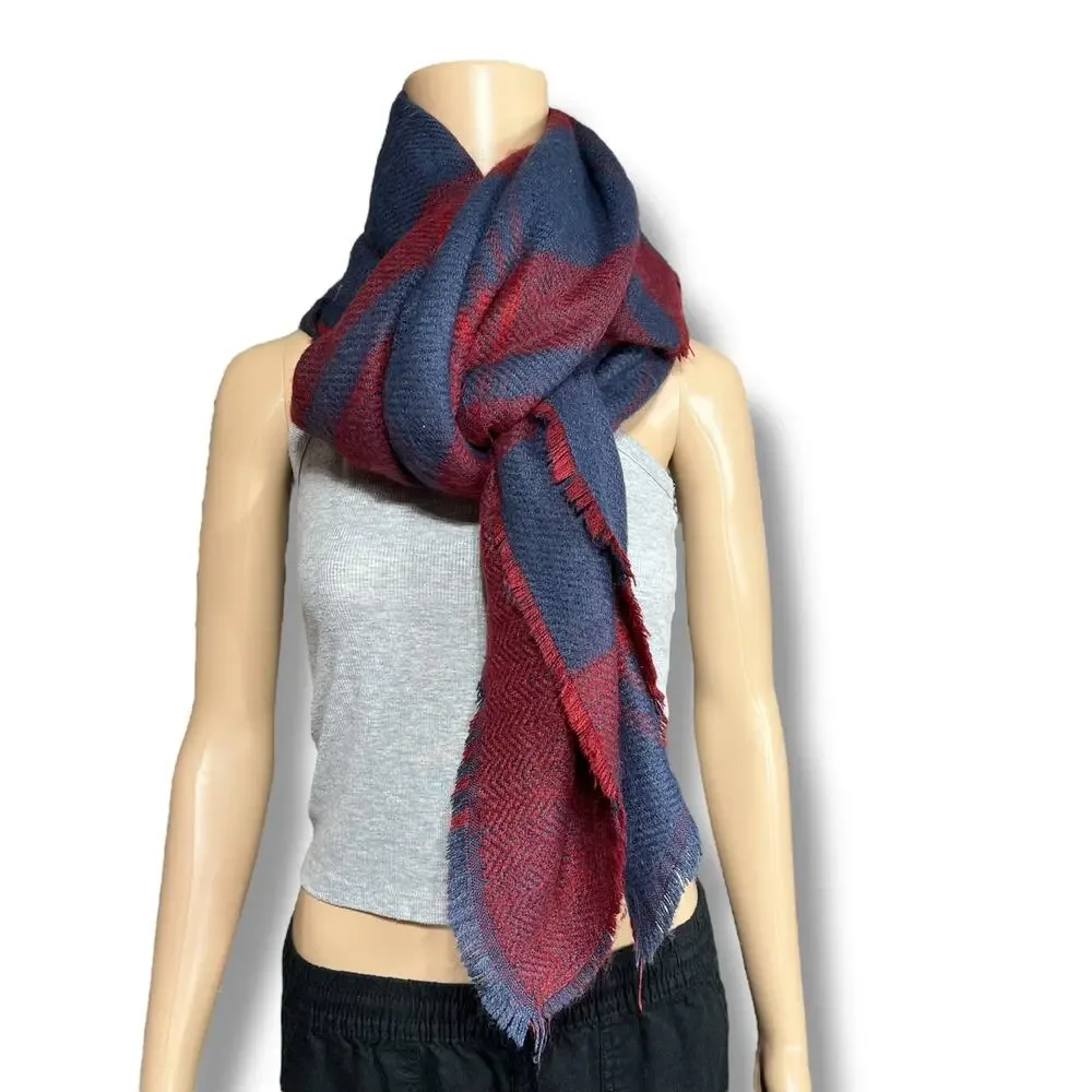 Womens Woven Knit Plaid Scarf Wrap with Fringe Blue Red Soft and Warm